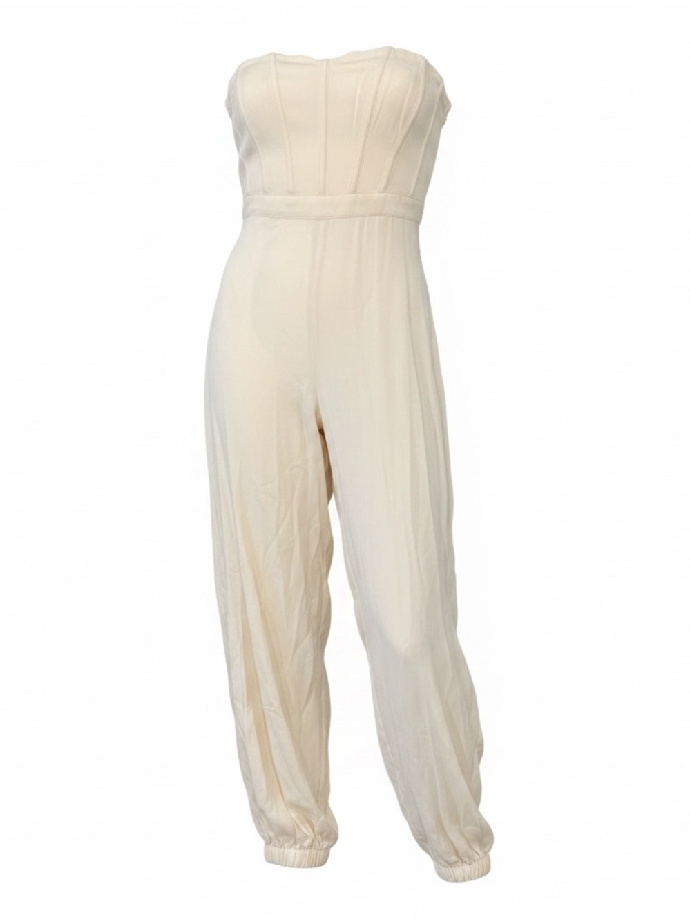 NBD Cream strapless jumpsuit. Double line top,zip back, pockets.size L